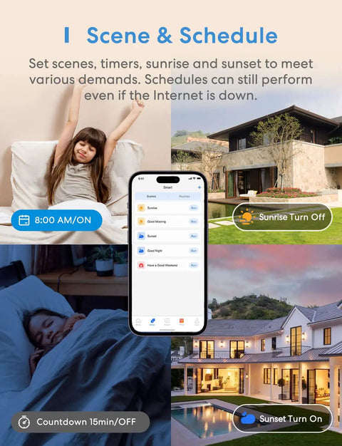 App interface for 3 Way Smart Light Switch with timers and scenes, featuring outdoor and indoor home settings.