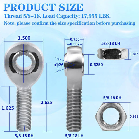 Heavy Duty Five Eighth Inch Heim Joint Rod End Bearing With Jam Nut 4-Pack For Off Road, Rock Crawling And Racing, Chromoly C4130 Steel Construction Delivers Maximum Strength, Durability, And Impact Resistance, 5/8-18 thread size, size diagram