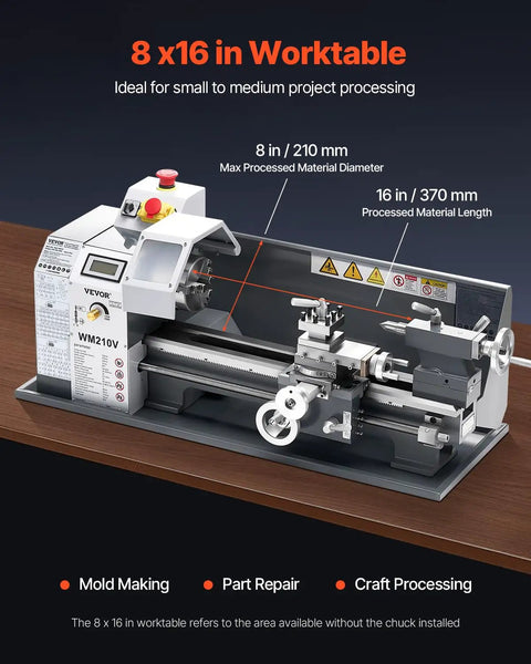 Powerful Benchtop Metal Lathe For Makers And Pros 8 X 16 Inch Turning Capacity with detailed specifications shown