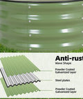 Close-up of olive green galvanized metal raised garden bed kit with anti-rust layering, part of 4x2x1 ft 3-piece set, outdoor use.