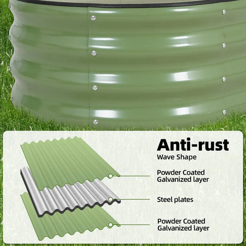 Close-up of olive green galvanized metal raised garden bed kit with anti-rust layering, part of 4x2x1 ft 3-piece set, outdoor use.