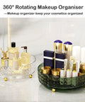 360° rotating makeup organizer filled with cosmetics, showcasing both clear and dark green designs with a non-slip surface.