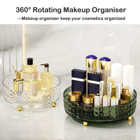360° rotating makeup organizer filled with cosmetics, showcasing both clear and dark green designs with a non-slip surface.