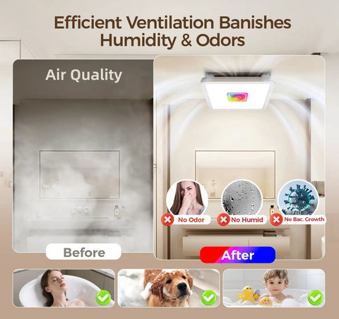 Exhaust Fan With Light And Remote, Ceiling Mounted Bathroom Vent Fan With Lit RGB Lights, showing improved air quality effects.