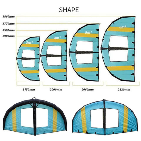 Inflatable Windsurfer Wing With Clear View Window For Wing Foil And Kite Surfing And Water Play, four sizes with measurements shown.