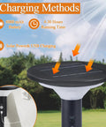 Solar Powered Outdoor Floor Lamp for Patio and Garden showing solar panel and USB charging options