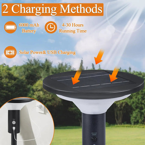 Solar Powered Outdoor Floor Lamp for Patio and Garden showing solar panel and USB charging options