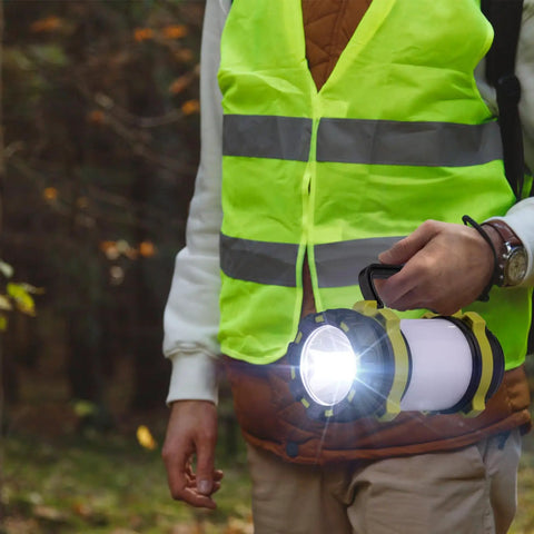 Person holding Two Pack LED Camping Lanterns That Are Lit With 1000LM, 6 Modes, Rechargeable USB C Ready, IPX5 Waterproof Portable Light.