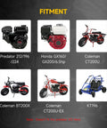 Chart showing fitment for Predator 212/196/224, Honda GX160/GX200, Coleman CT200U, BT200X, CT200U-EX, and KT196 engines