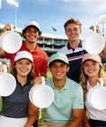 Group of five people holding Set Of 12 Dope Golf Themed Cosmetic Bags For Coaches And Players Round Clear PVC Zipper Pouches