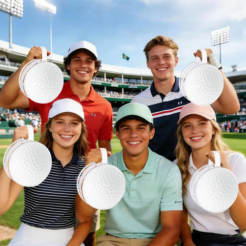 Group of five people holding Set Of 12 Dope Golf Themed Cosmetic Bags For Coaches And Players Round Clear PVC Zipper Pouches