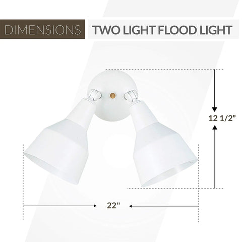 Dimensions of Two Light Outdoor Flood Light In White Finish With Traditional Design For Exterior Patio And Yard Lighting