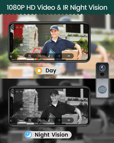 Wireless Video Doorbell Cam with Chime 1080P HD Night Vision, Day and Night Views of Delivery Person on Screen
