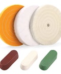 Six Piece Bench Grinder Polishing Wheels Set With Premium Tripoli Rouge And White Compound Fits Five Eighth Arbor Spindle, featuring three buffing wheels and three polishing pastes.