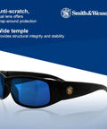 Elite Safety Glasses With Blue Mirror Lenses Black Frame ANSI Z87.1 Rated Outdoor Sunglasses For Eye Protection Built For All Day Comfort Smoke Tint 12 Pairs Per Case side view