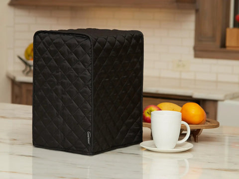 Keepsakes Quilted Coffee Maker Cover With Dust And Stain Resistant, Washable Slip On Design For Countertop Storage in black.