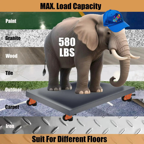 Hella Tough Height Adjustable Plate Casters Set Of Four With Solid Ratchet Handle And Silky Smooth Swivel Wheels 580 Pound Load Rating For Workshop Furniture Sets, featuring an elephant on a wheeled platform.