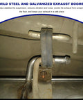 Close-up of Beefy 4-Piece 90 Degree Exhaust Hanger Rod Kit with 3/8 x 7.6 Inch Bent Hanger welded in place under vehicle.
