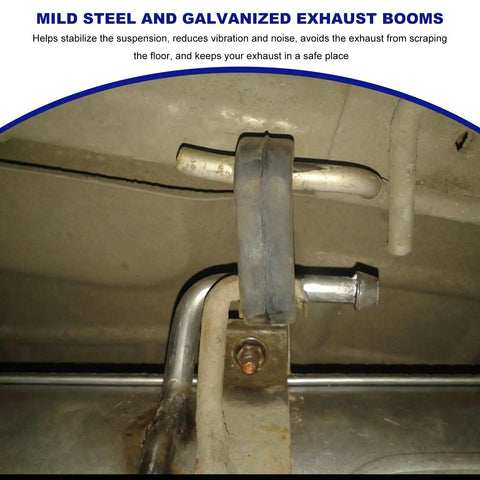 Close-up of Beefy 4-Piece 90 Degree Exhaust Hanger Rod Kit with 3/8 x 7.6 Inch Bent Hanger welded in place under vehicle.