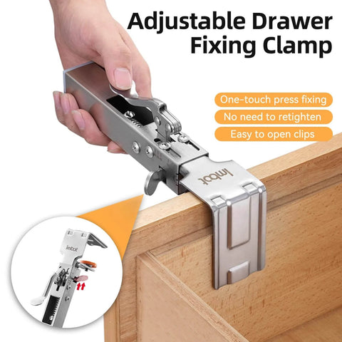 Two Pack Drawer Front Installation Clamps With Quick Install Clips Adjustable Width From 21 Mm To 50 Mm in use on drawer