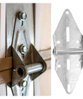 Close-up of rotating concealed door hinges set two piece beefy heavy duty exterior spring loaded cabinet hinge with mounting bolts.