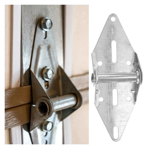 Close-up of rotating concealed door hinges set two piece beefy heavy duty exterior spring loaded cabinet hinge with mounting bolts.