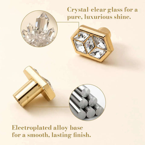 Gold Diamond Shaped Crystal Cabinet Knobs 4 Pack With Metal Base Decorative Drawer Knobs shown with crystal glass and alloy features.