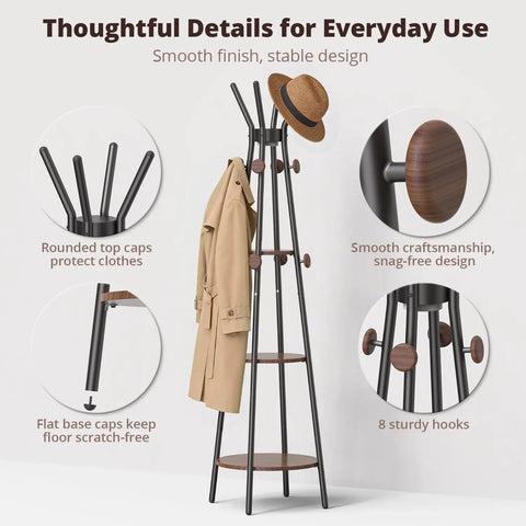 Freestanding Coat Rack With 3 Shelves And 12 Hooks, Motion Sensor Light For Entryway And Living Room, Hall Tree With Coats and Hat