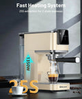 Pro Level Home Barista Vibes 20 Bar Espresso Maker with Swift Milk Frother on counter extracting espresso in beige housing.