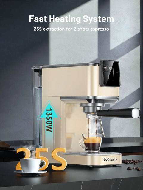 Pro Level Home Barista Vibes 20 Bar Espresso Maker with Swift Milk Frother on counter extracting espresso in beige housing.