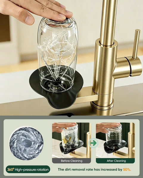 OWOFAN Pull Down Kitchen Faucet with Cup Washer Brushed Gold showing a glass rinsing with high-pressure water.