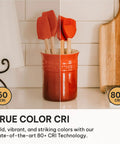 Red kitchen utensils in a ceramic holder showing color difference with 60 CRI and 80+ CRI lighting comparison on tiled countertop.