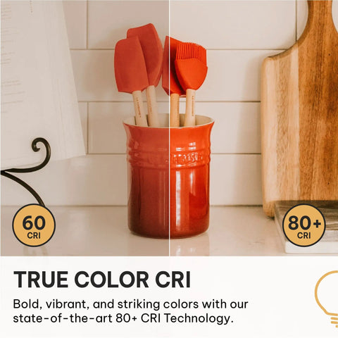 Red kitchen utensils in a ceramic holder showing color difference with 60 CRI and 80+ CRI lighting comparison on tiled countertop.