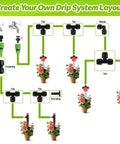 Diagram of No Hassle Quick Connect Drip Irrigation Tee Fittings For 1/4 Inch Tubing system setup with multiple connectors and plants