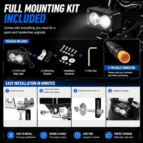 Ridstar Q20 Ready 20W LED Ebike Headlight With 3-Pin Dual Beam, 6000-6500K Bright Light, IP68 Waterproof Plug-and-Play Bar Kit