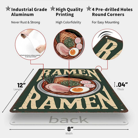 Funny Vintage Ramen Bowl Metal Sign 8x12 Inch Wall Decor features industrial-grade aluminum with pre-drilled holes for mounting.