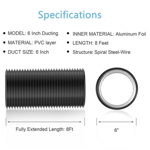 Specifications of 6 Inch Insulated Flexible Dryer Vent Duct 8 Ft With Heavy Duty Three Layer Protection Low Noise Silencer PVC Shield