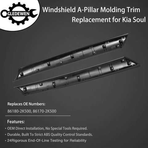 Windshield A-pillar molding trim set for Kia Soul; side view, black plastic with clips (left driver, right passenger).