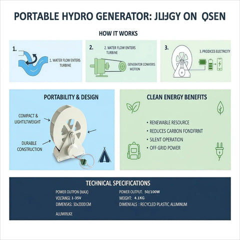 Diagram of Hydroelectric Turbine Generator Low-Speed Water Wheel For Outdoor Lighting 100W, showcasing design and features.