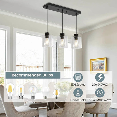 Sleek Black Three Light Pendant Fixtures Hit Different In Modern Kitchen Islands Or Dining Rooms Adjustable Clear Glass Shade Lamps With Killer Style over dining table.
