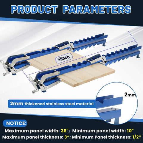 36 Inch Heavy Duty Panel Clamps 2 Pack Hella Stable Four Way Steel Pressure Jigs setup for woodworking with stainless steel details.
