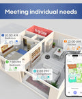 Smart mapping floor plan with robot vacuum app interface, showcasing cleaning schedule in different rooms with no-go zones.