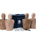Adult CPR Training Manikins Four Pack Featuring Diversity Skin Tones AHA Certified Gear, including four realistic practice dummies and a carry bag.