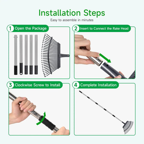 Heavy Duty 72 Inch Expandable Leaf Rake With 25 Reinforced Tines And Stainless Steel Handle 18 Inch Wide Garden Rake assembly guide