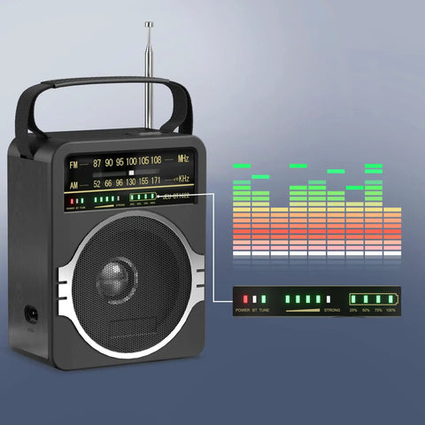 Portable AM FM Radio with Bluetooth Five Point Zero and Five Watt Loud Speaker, black finish, front view with display panel.