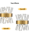 Mid Century Modern Gold Crystal Wall Sconce Set Of Two With Glass Rods Brass Finish showcasing on and off lighting effects