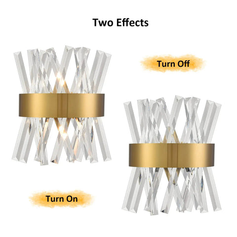 Mid Century Modern Gold Crystal Wall Sconce Set Of Two With Glass Rods Brass Finish showcasing on and off lighting effects