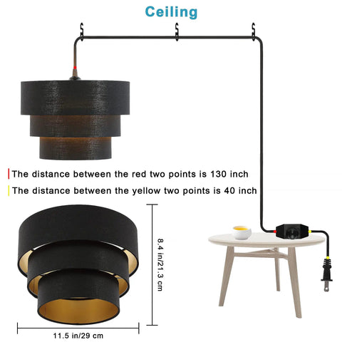 Plug In Pendant Light With Fabric Shade Three Tier Layered Hanging Lamp dimensions and plug-in setup diagram