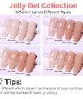 Sheer Nude Hema Free Gel Nail Polish Set Of 4 Colors 10ml Each Soak Off UV LED Safe For Nail Art Home DIY Gel Manicure Kit Neutral Skin Tone Long Lasting Shine showcasing different layers and matte finish in jelly gel collection.