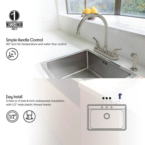 RV Kitchen Sink Faucet With High Arc Spout, Dual Lever Handles, And Side Spray, Deck Mount, Brushed Nickel Finish, Installed